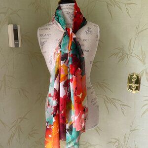 CALVIN KLEIN ABSTRACT FASHION SCARF:PRE-OWNED ORANGE/AQUA/MULTI